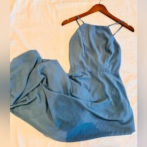 Lulu’s long bridesmaid/wedding guest dusty blue “mythical kind of love” dress
